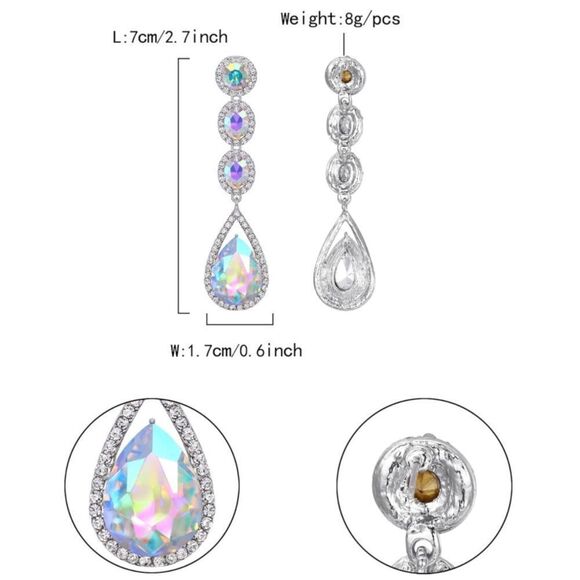 Silver with Iridescent AB and Diamond Crystal Teardrop Halo Chandelier Earrings - Picture 5 of 5